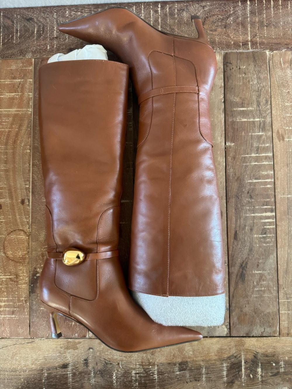 Louise et Cie Cognac Leather Knee High Boots Gold Hardware Pointed Toe Size 7